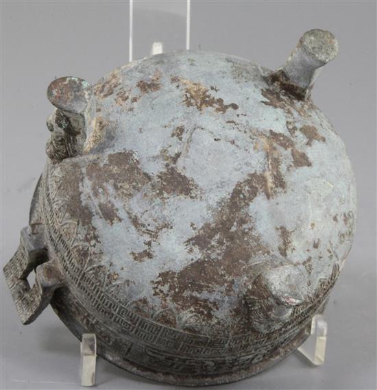 A Chinese archaic bronze tripod food vessel, Ding, probably Warring States period, 5th-2nd century B.C., 14.5cm, 9.5cm high, repair